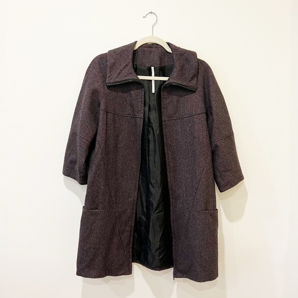 Topshop Wool Tweed Pea Coat 3/4 Sleeve Herringbone Zip-Up Jacket - Picture 2 of 6